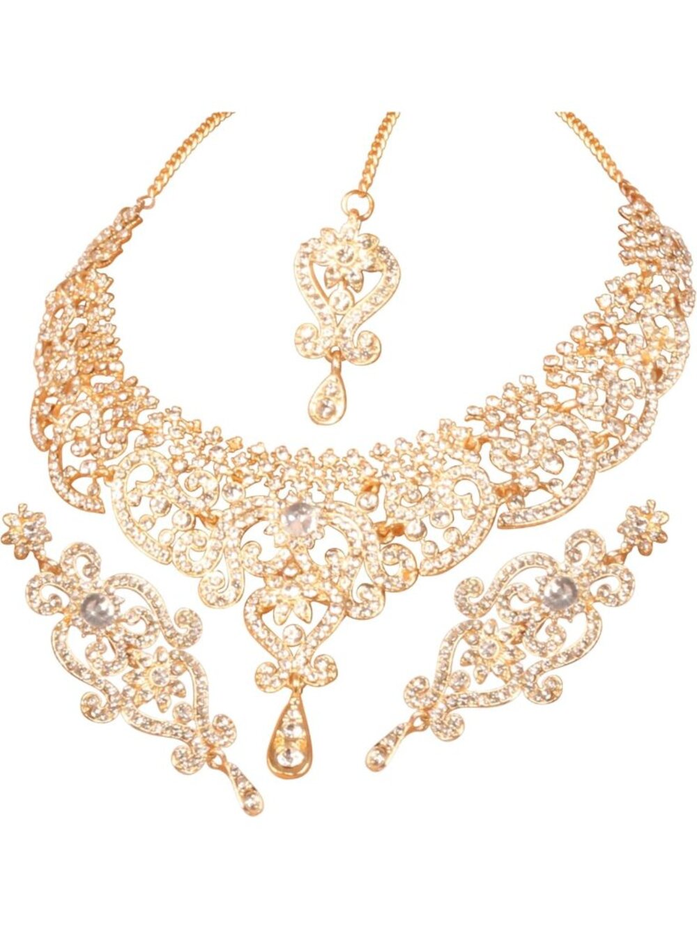 Elegant Indian Jewelry Set for Women - Bollywood Gold Necklace, Earrings & Maang